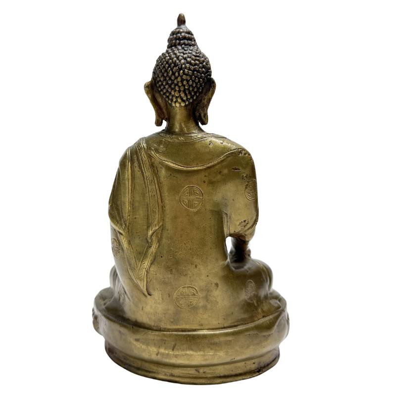 Detail van shou medaillon op Chinees bronzen Boeddhabeeld uit Qing periode