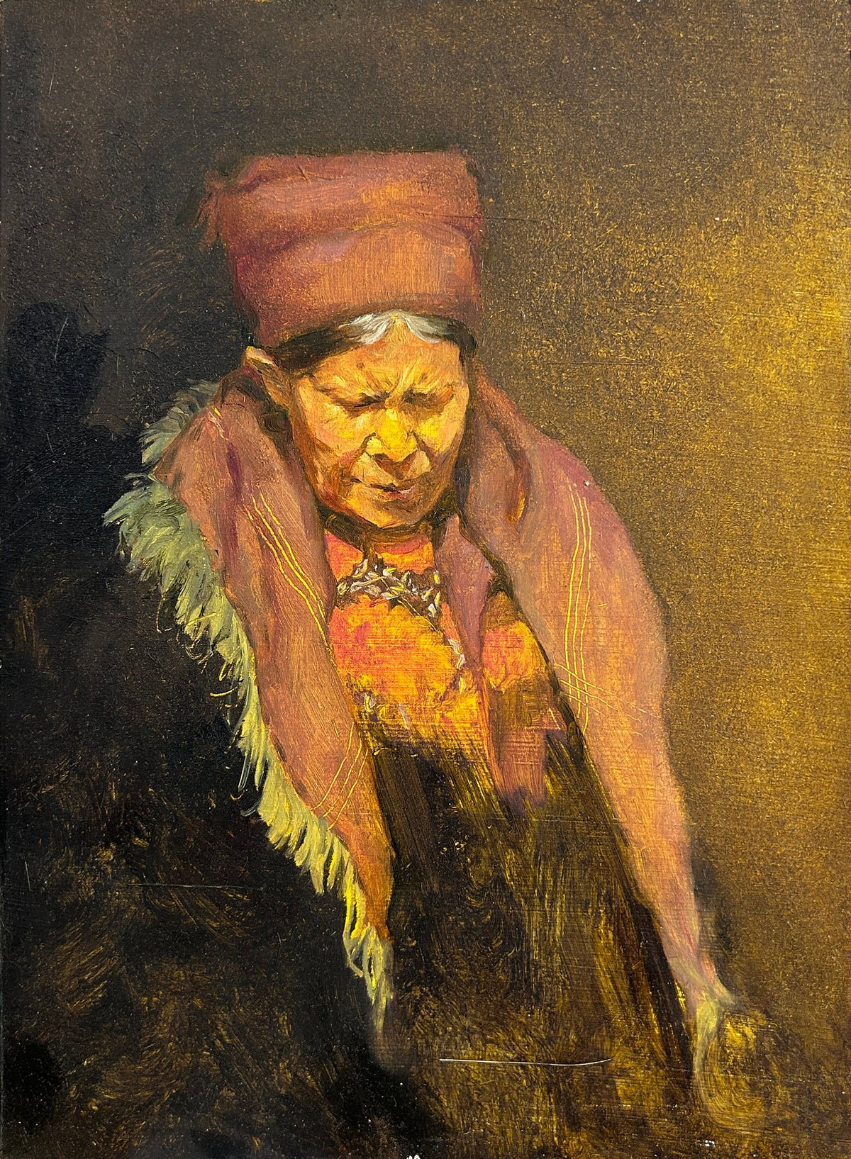 Overzicht van het schilderij Portrait 001 door Li Feng, uitgevoerd in warme geel- en roodtinten op hout.
