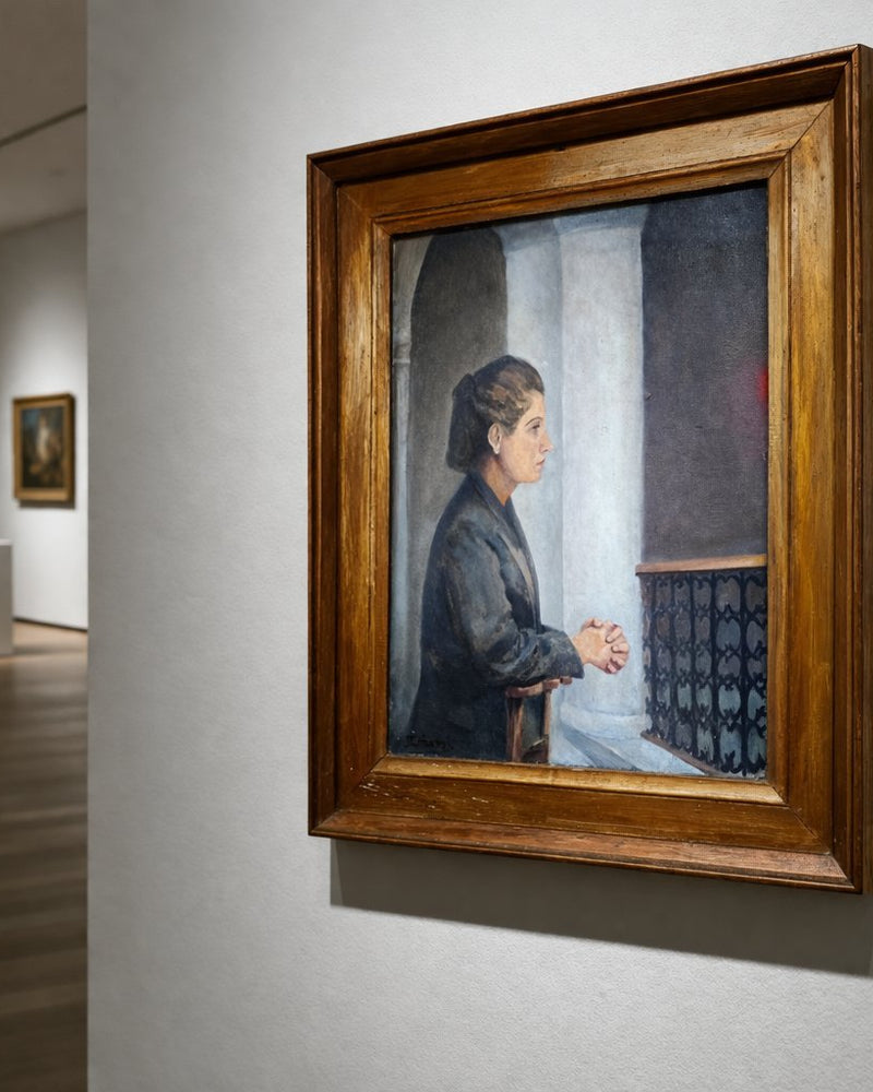 Antiek olieverfschilderij vrouw profiel – Frans intimistisch portret ca. 1930 René Griboval