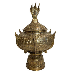 Antieke Rituele Offering Bowl met Naga Deksel – Brons – Zuidoost Azië