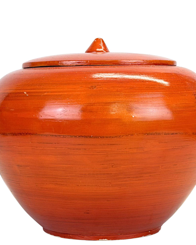 Antieke Vuurrode Handgedraaide Lakwerk Gemberpot met Deksel – ca. 1900