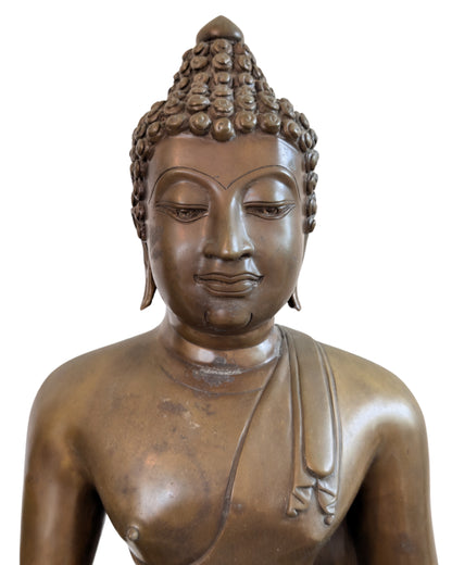 Close-up van het serene gezicht en de vlamvormige ushnisha van de Buddha.