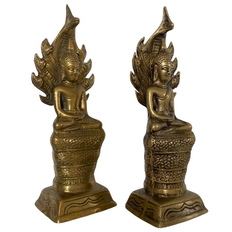 Set boeddha beelden met naga messing Thailand Laos meditatie