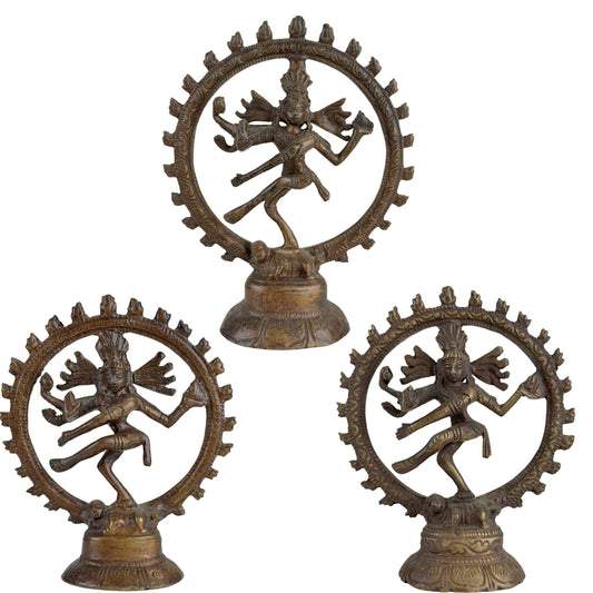 Set van 3 kleine bronzen Shiva Nataraja beelden uit India met kosmische dans en vlammenkrans