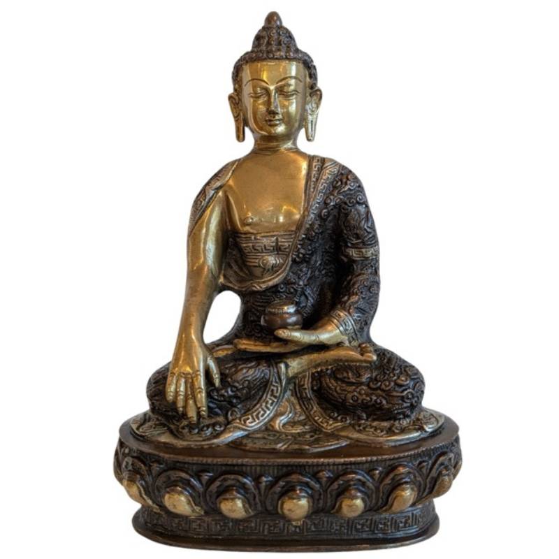 Verguld bronzen Shakyamuni Boeddhabeeld uit Nepal met serene uitstraling