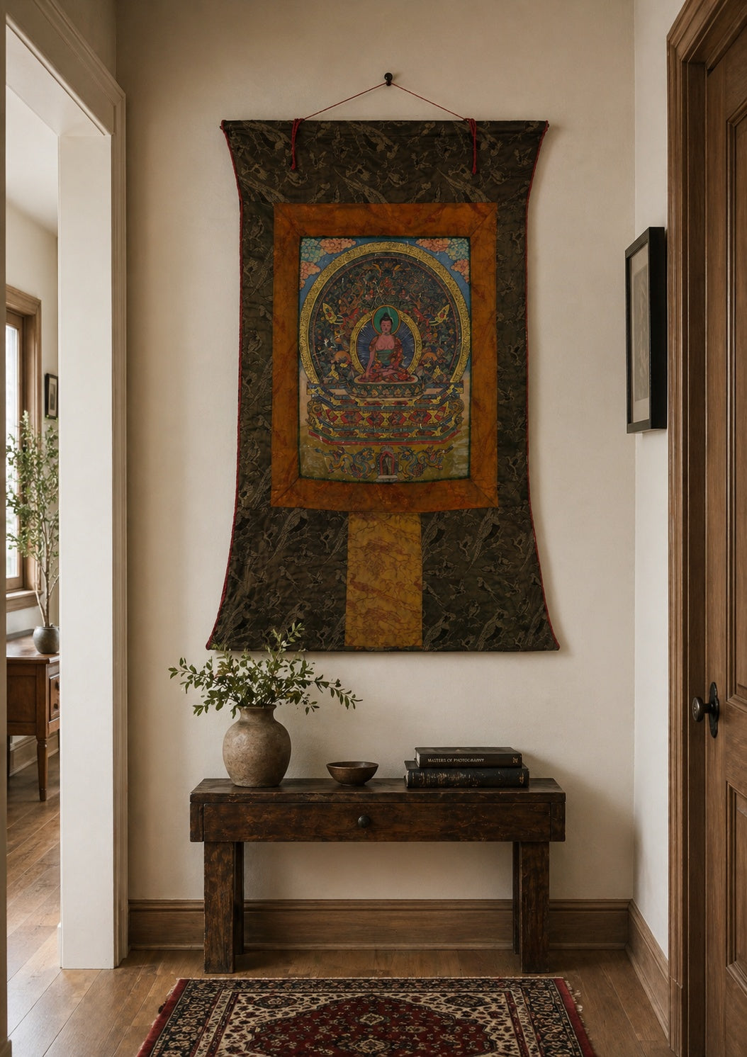 Volledige voorzijde van de vintage Shakyamuni Boeddha Thangka uit de jaren 70 (76x54 cm)