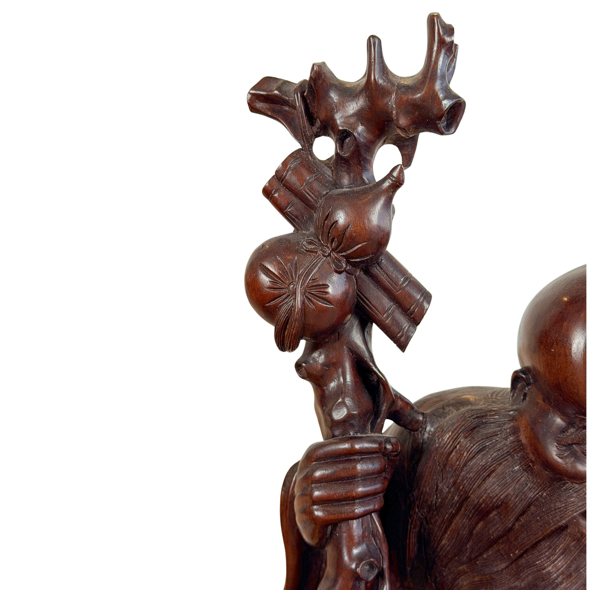 Knoestige staf met kalebas, boekrol en perziken, detail