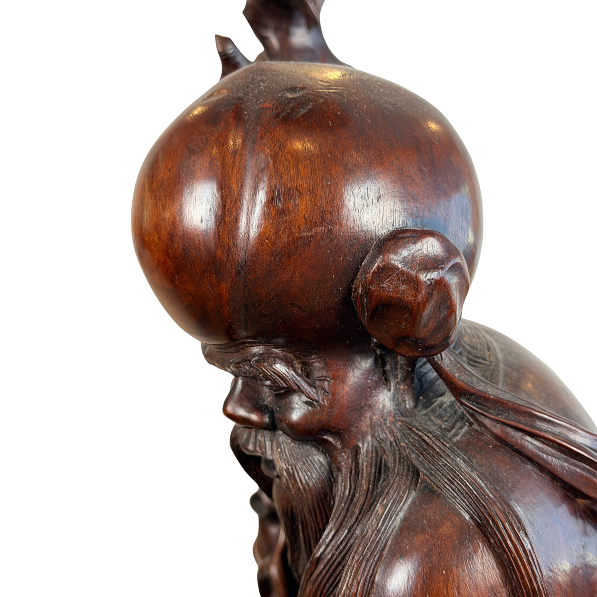 Perzikvormig voorhoofd en baard van Shou Lao, close-up