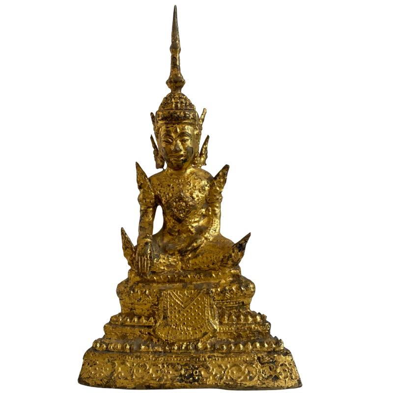 Siamese bronzen Boeddha in bhumisparsha mudra met vuurvergulding 19e eeuw