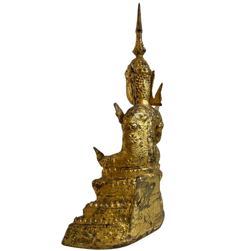 Siamese bronzen Boeddha in bhumisparsha mudra met goudresten