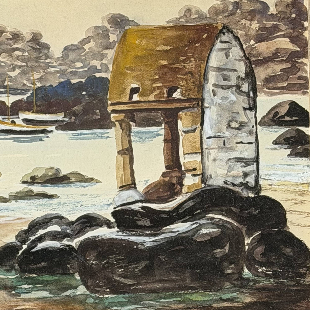 Close-up van de originele handtekening van de Franse schilder R. Blossier en de locatieaanduiding Ploumanac'h op het antieke aquarel.