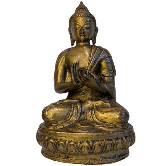 Sino-tibetaans vuurverguld bronzen Boeddhabeeld in dharmachakra mudra