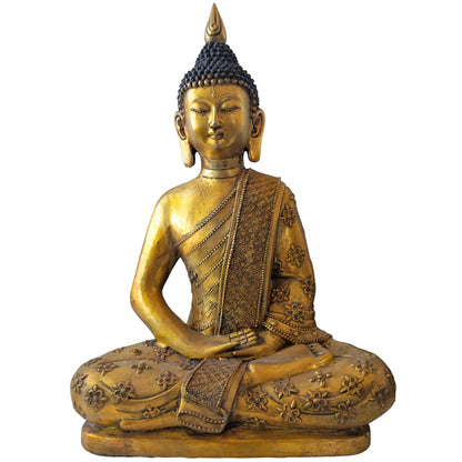 Bronzen Sino-Tibetaanse Boeddha in de Dhyana Mudra meditatiehouding met rijk gedecoreerd gewaad.