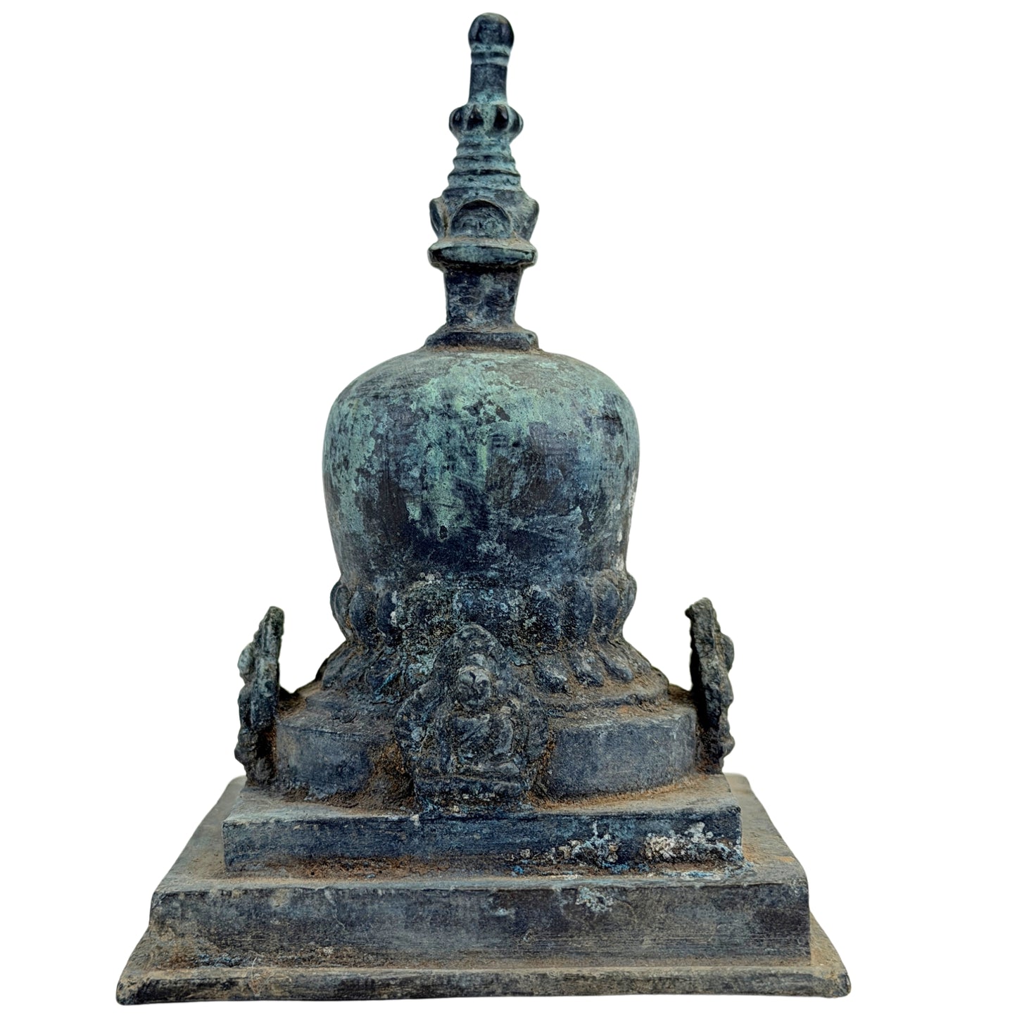 SKU 745 – bronzen Pala-votiefstupa uit Oost-India, derde aanzicht met oude patina