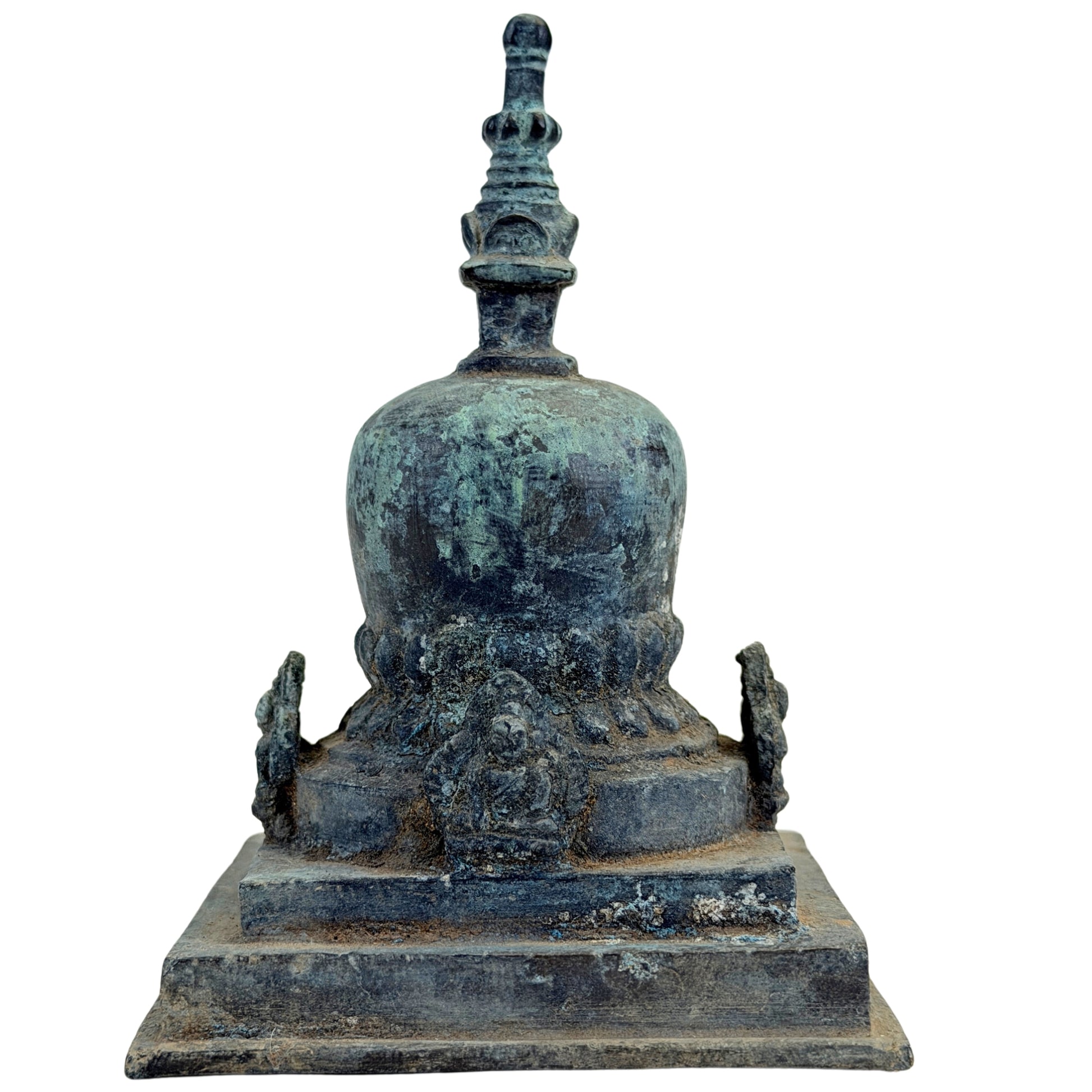 SKU 745 – bronzen Pala-votiefstupa uit Oost-India, derde aanzicht met oude patina