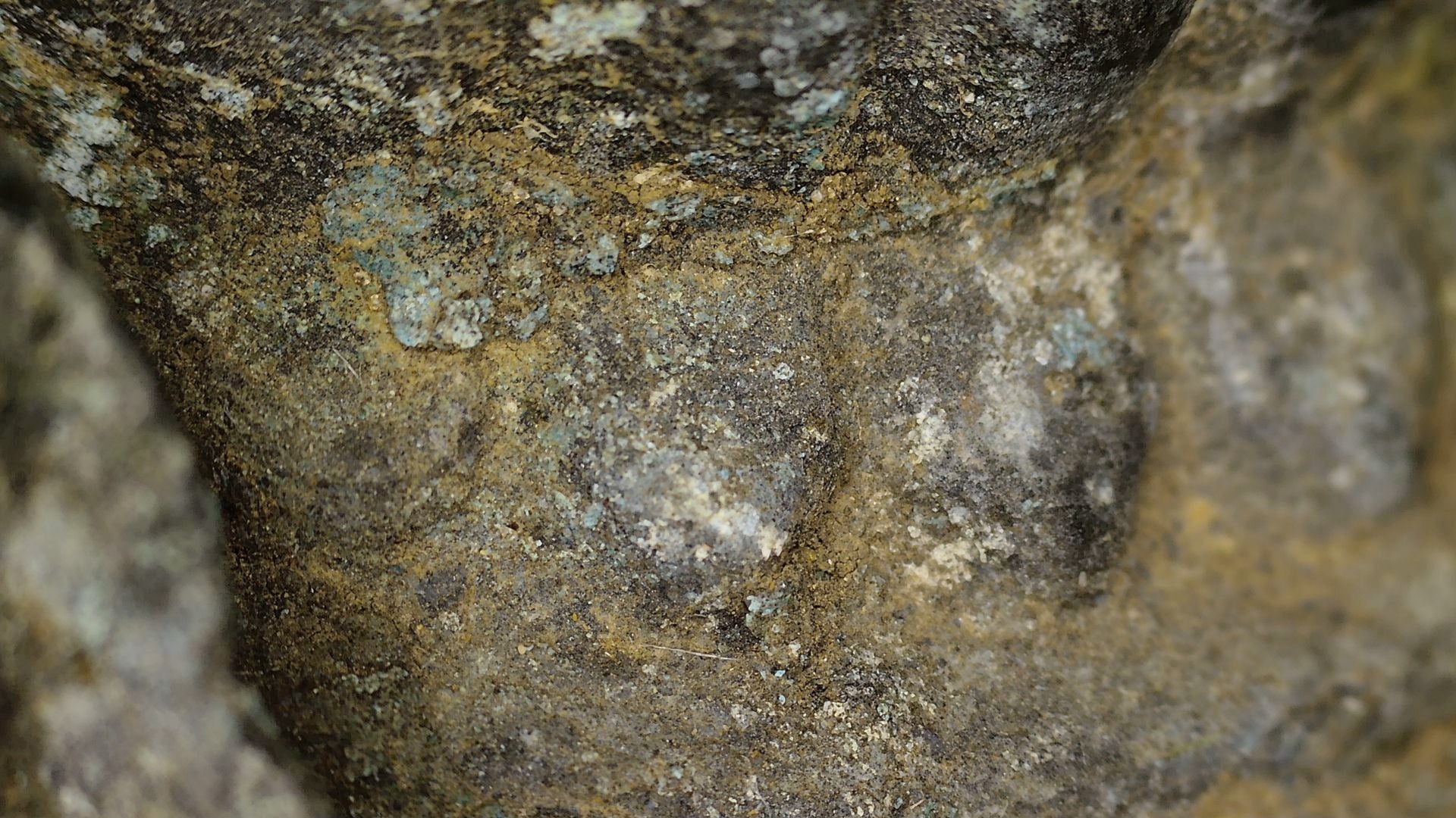 SKU 745 – macro van minerale en aardachtige afzettingen op de bronzen votiefstupa
