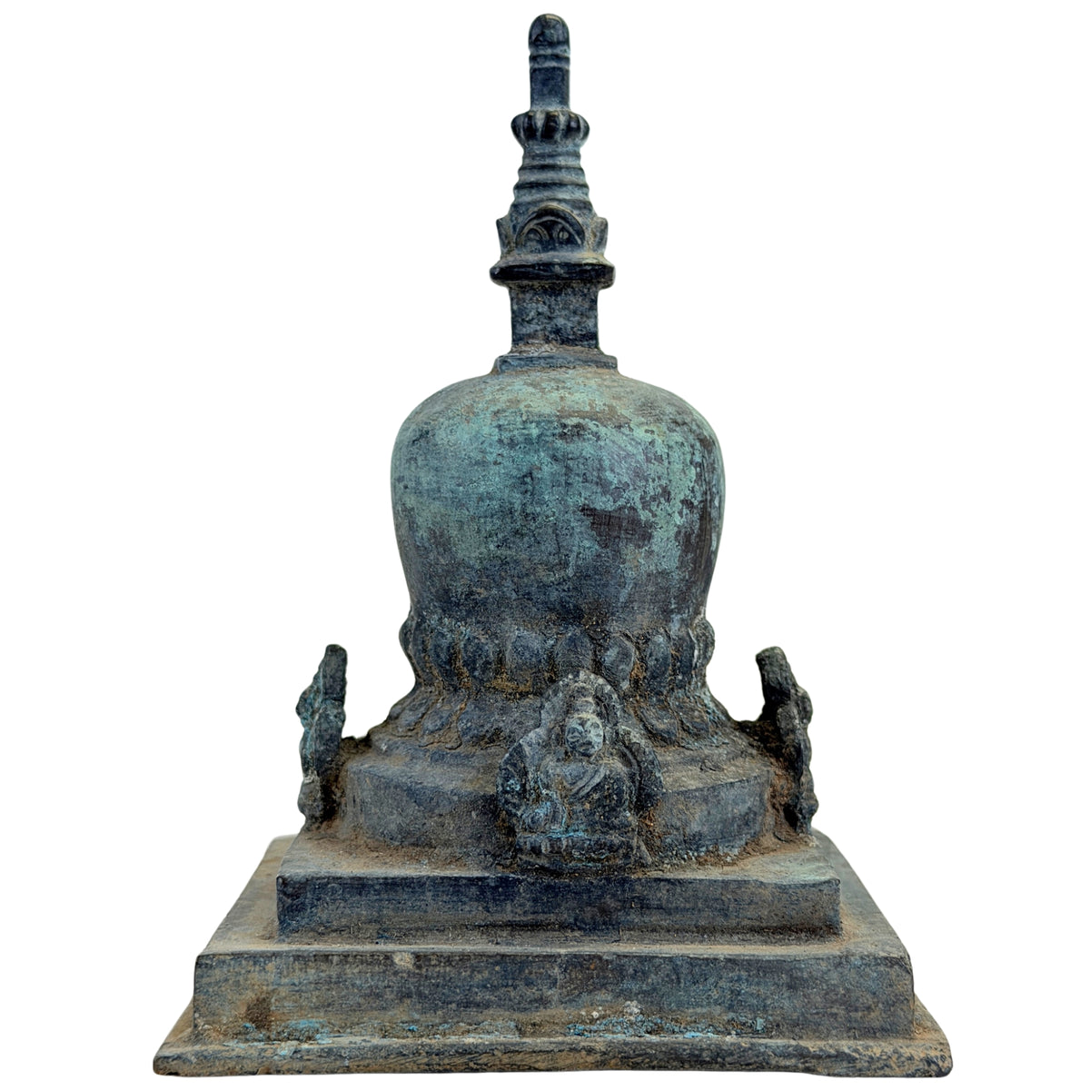Oost-Indiase bronzen Pala votiefstupa met vier zittende Boeddhafiguren, ca. 10e–12e eeuw