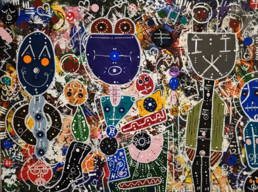 Vooraanzicht van het kleurrijke mixed-media schilderij door Soufiane Chaouaou.