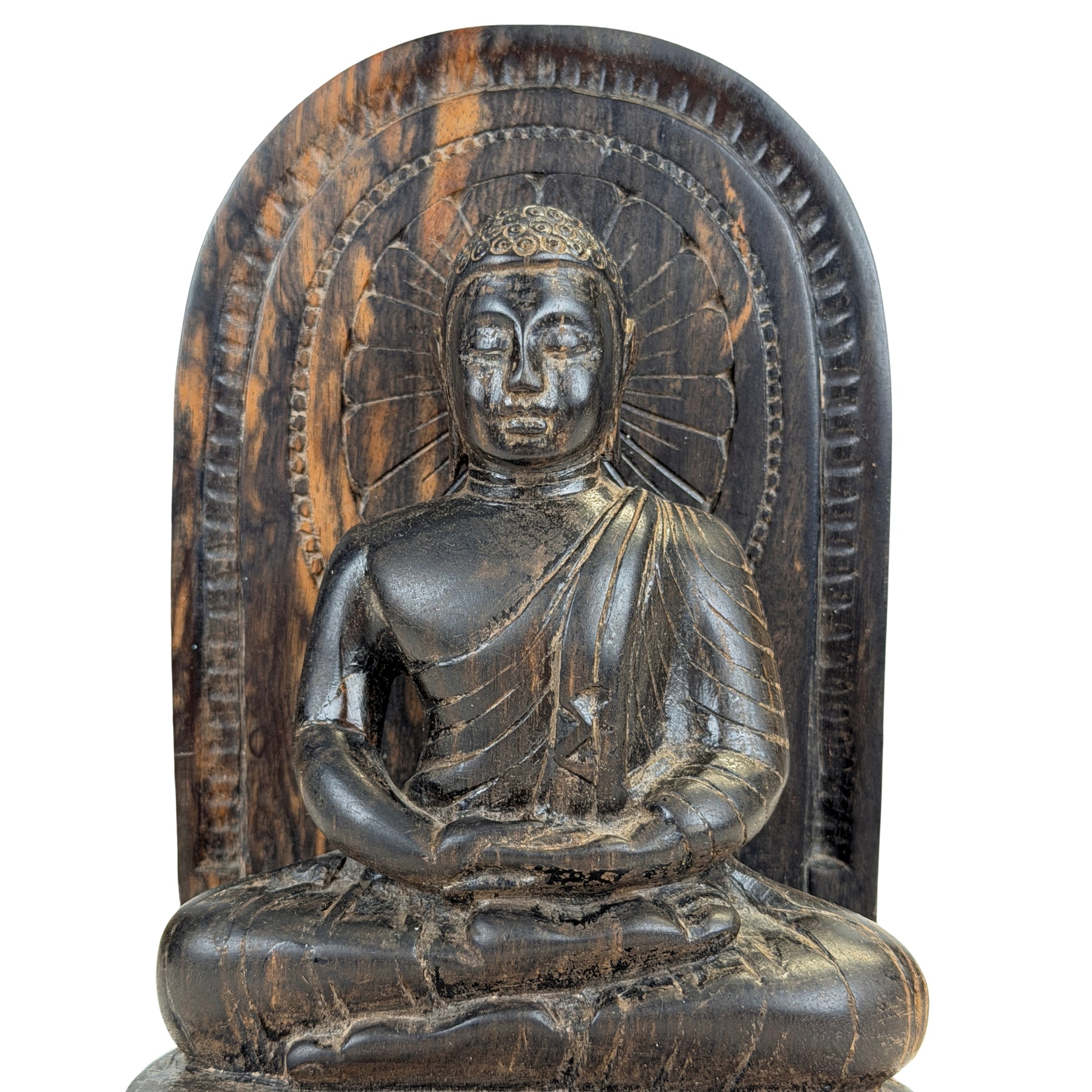 Calamanderhouten meditatieboeddha uit Sri Lanka met schrijnvormige achterplaat