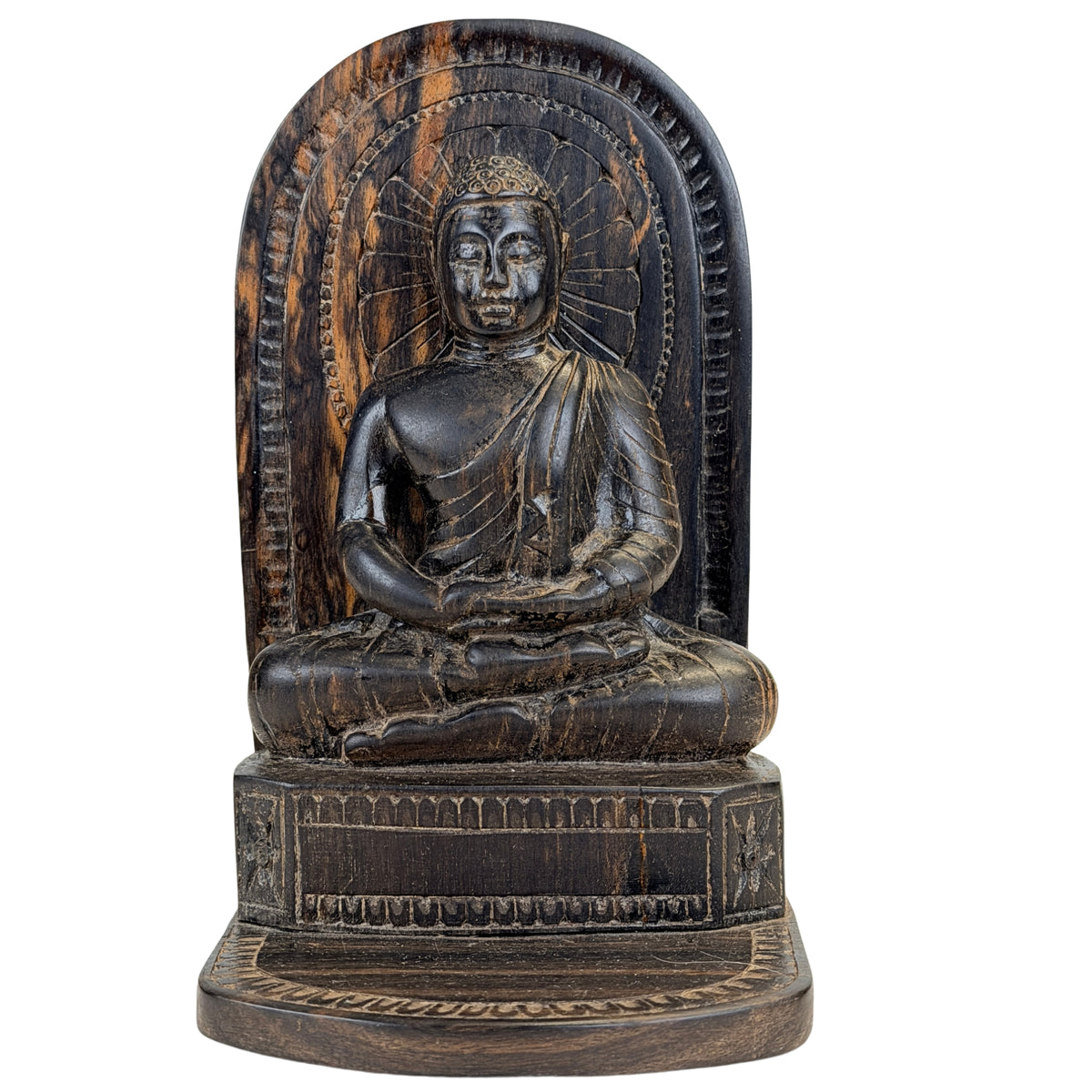 Sri Lankaanse Boeddha van Ceylon calamander met aureool en Dhyana mudra
