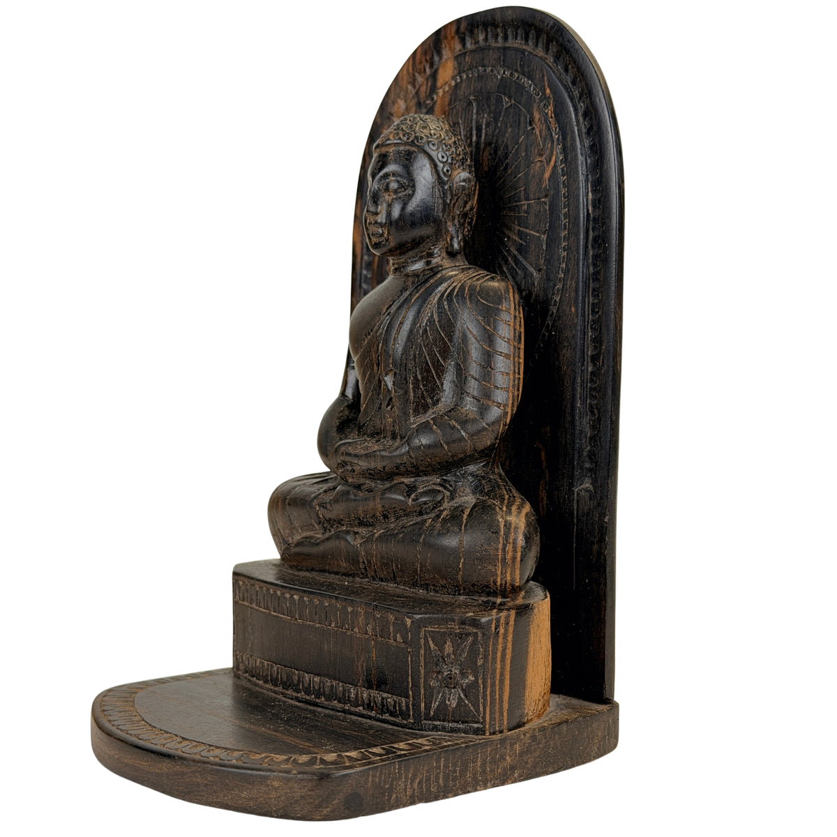 Sri Lankaanse Theravada Boeddha van calamander met hoge boogvormige achterplaat