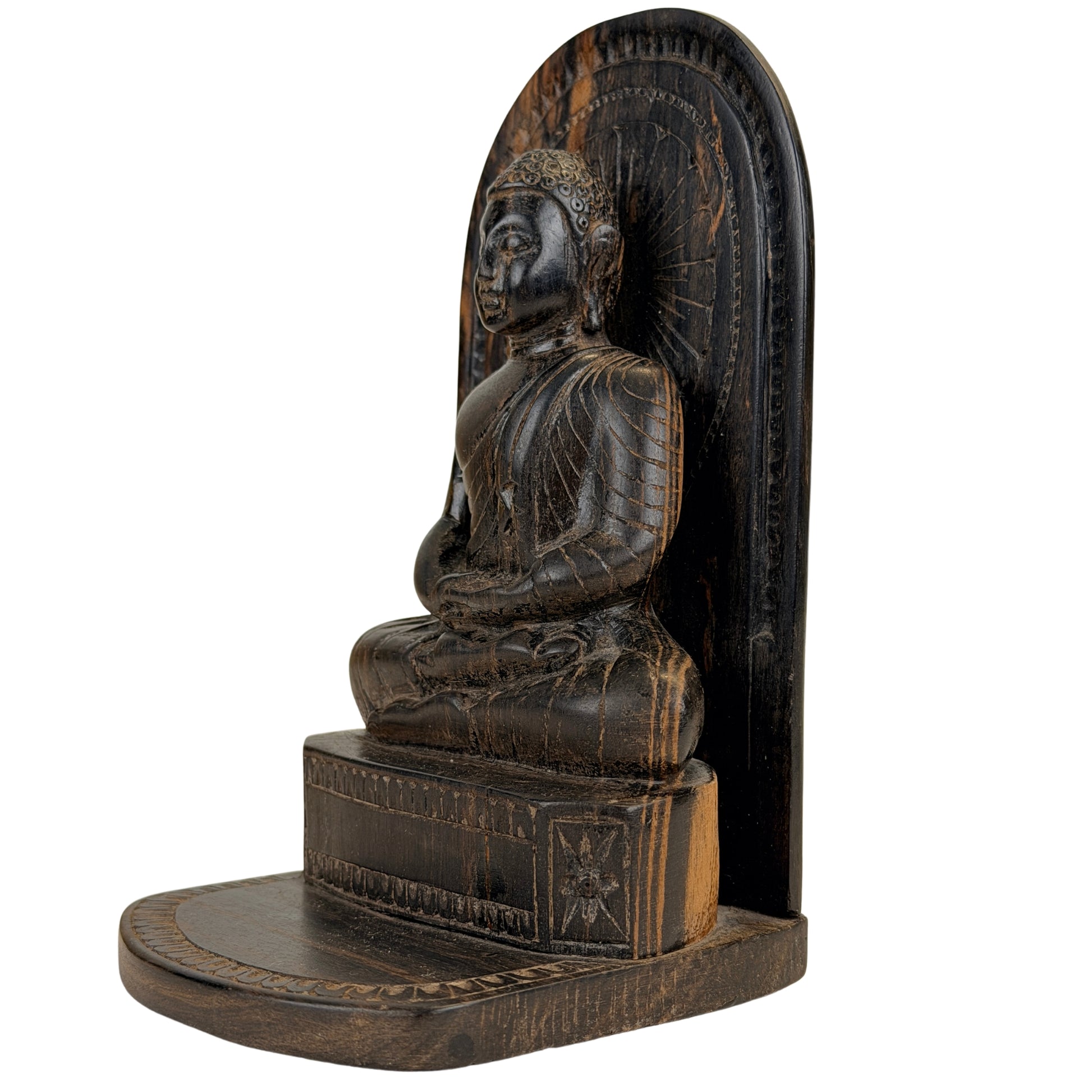 Sri Lankaanse Theravada Boeddha van calamander met hoge boogvormige achterplaat