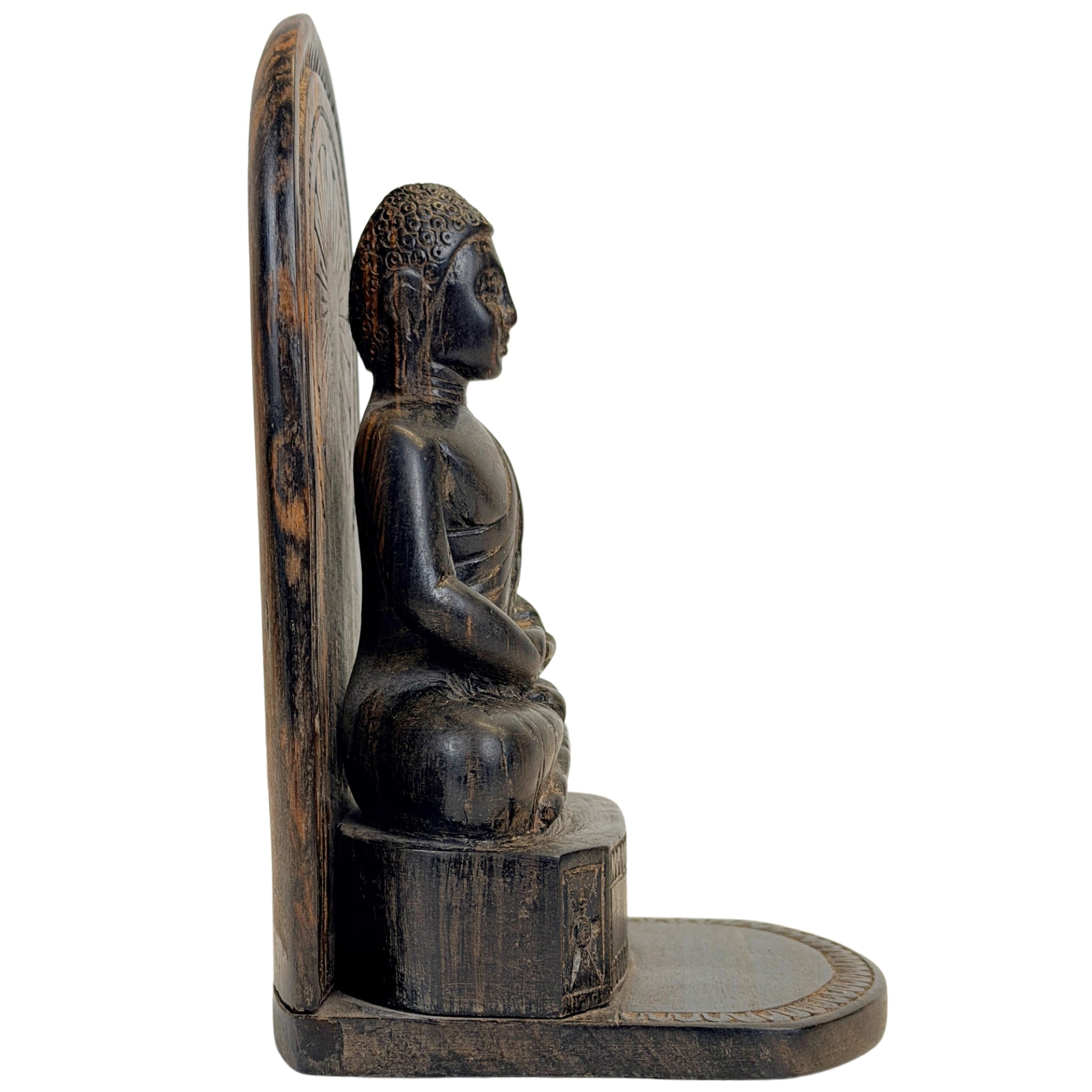 Ceylon calamander Boeddha in Dhyana mudra met natuurlijke zwartbruine houttekening