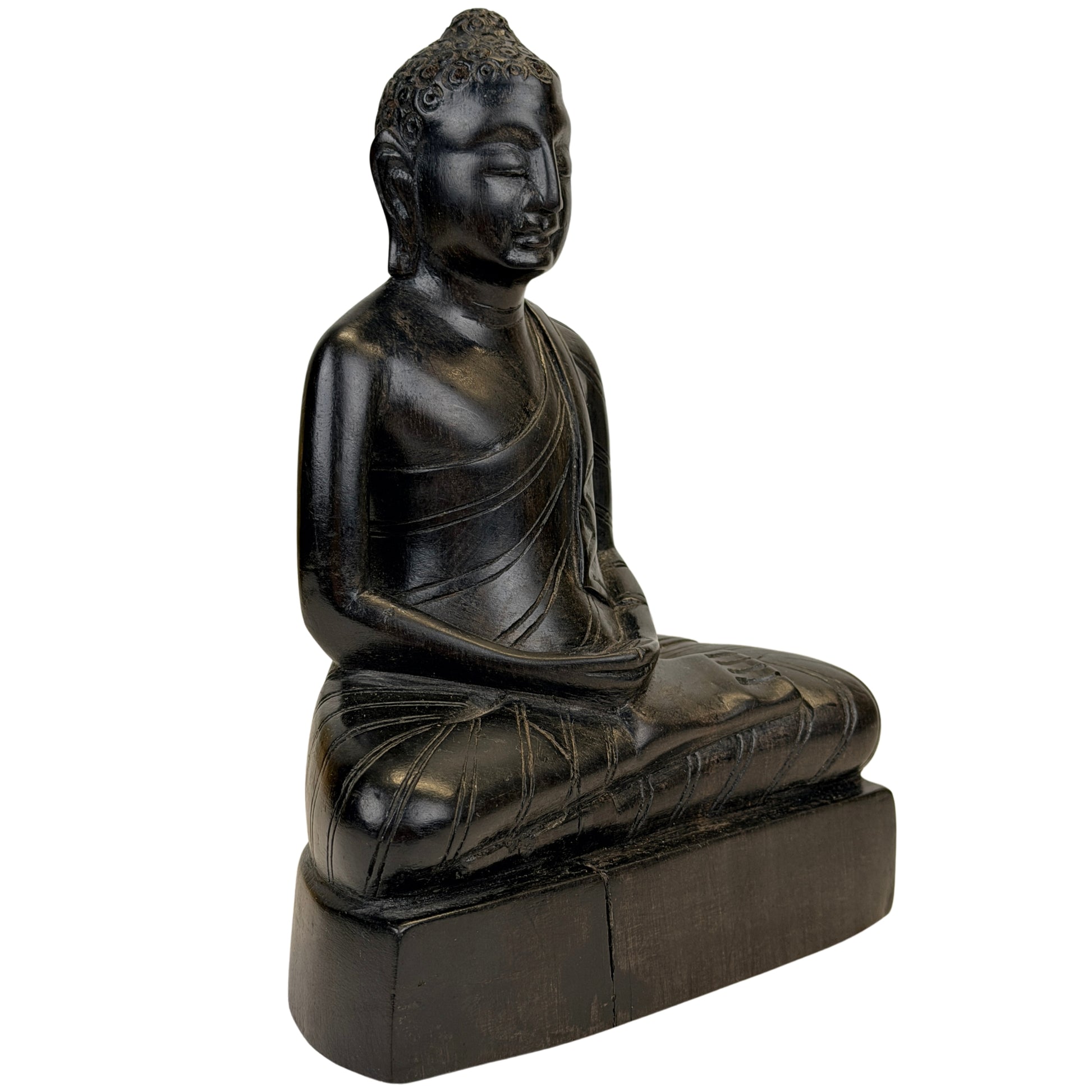 Donker hardhouten Boeddhabeeld uit Sri Lanka met handen in meditatie