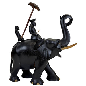 Koloniaal Ebbenhouten Olifantenbeeld met Mahout – Handgesneden Aziatische Sculptuur – 32 cm