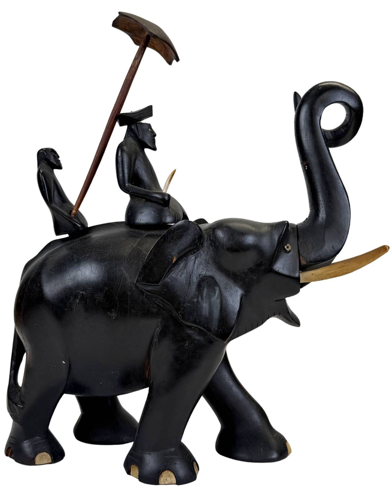Koloniaal Ebbenhouten Olifantenbeeld met Mahout – Handgesneden Aziatische Sculptuur – 32 cm
