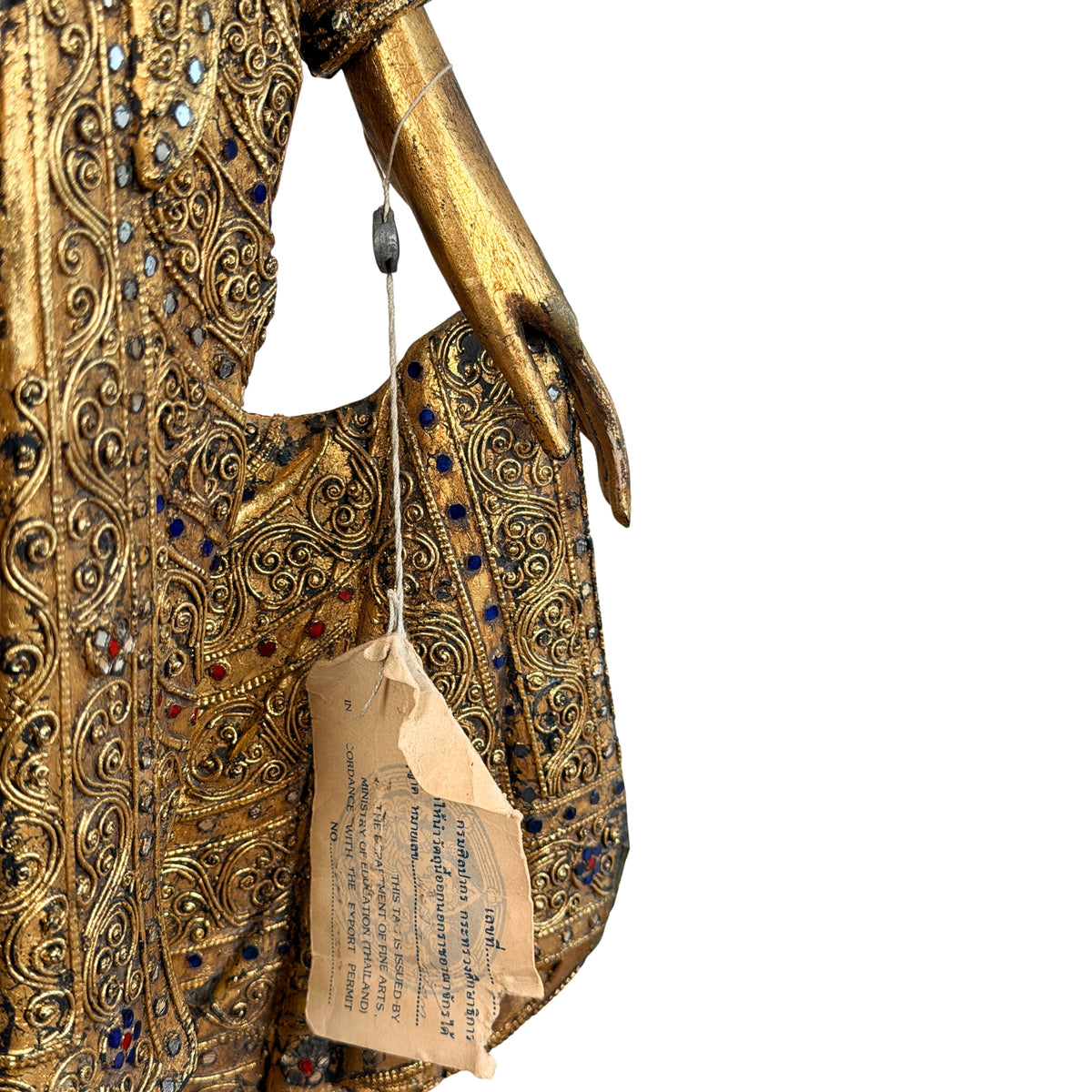 Oud Thais exportlabel aan de hand van de Boeddha