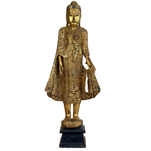 Staande Mandalay Boeddha van verguld hout met glasinleg – Thais exportlabel, 85 cm