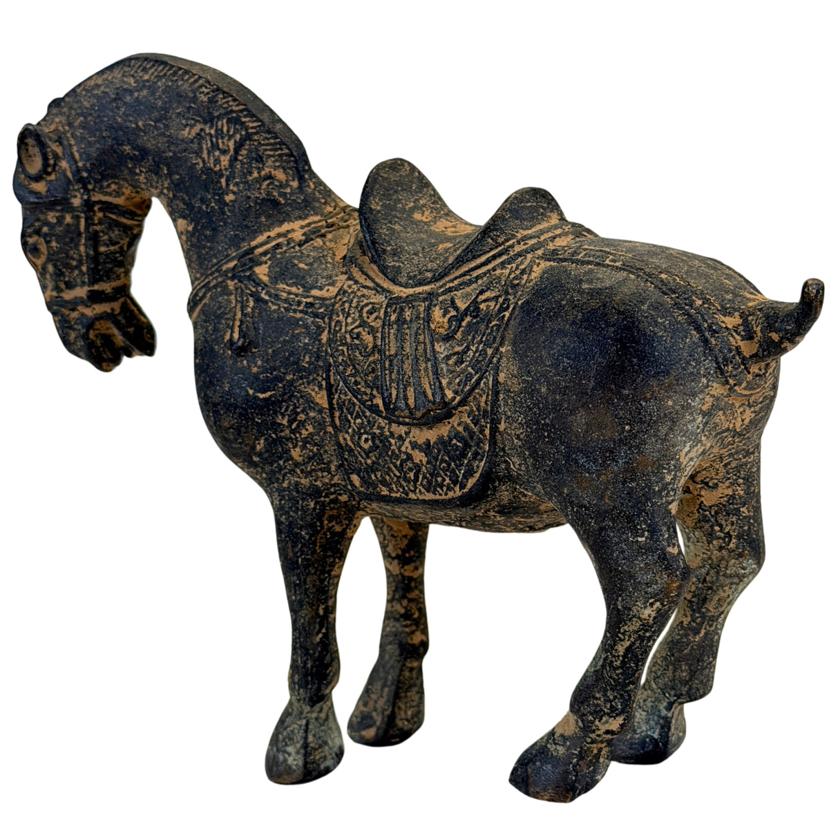 Tang-stijl aardewerken paard met gebogen hals en archaïsche patina