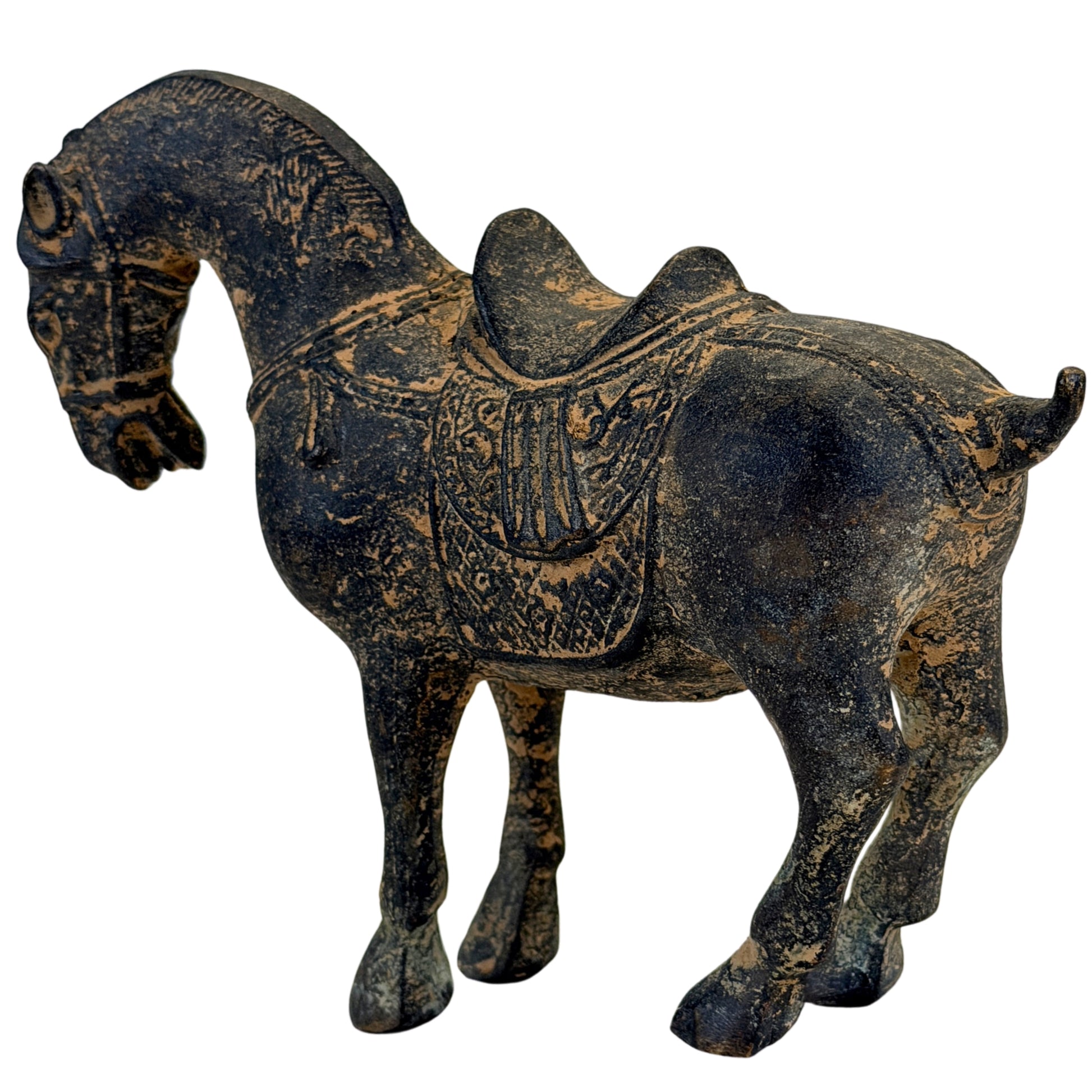 Tang-stijl aardewerken paard met gebogen hals en archaïsche patina