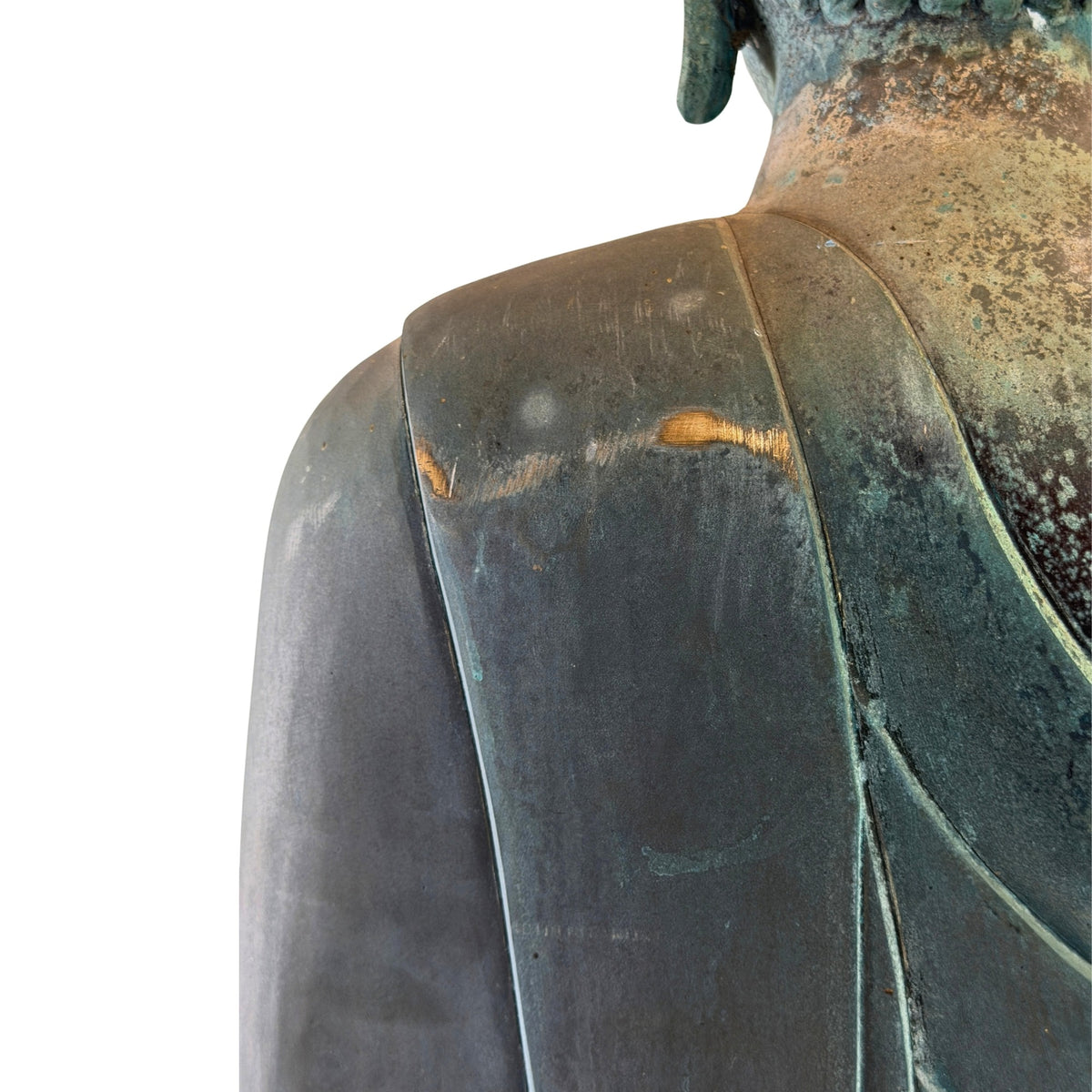 Detail van slijtage en patina op de schouder
