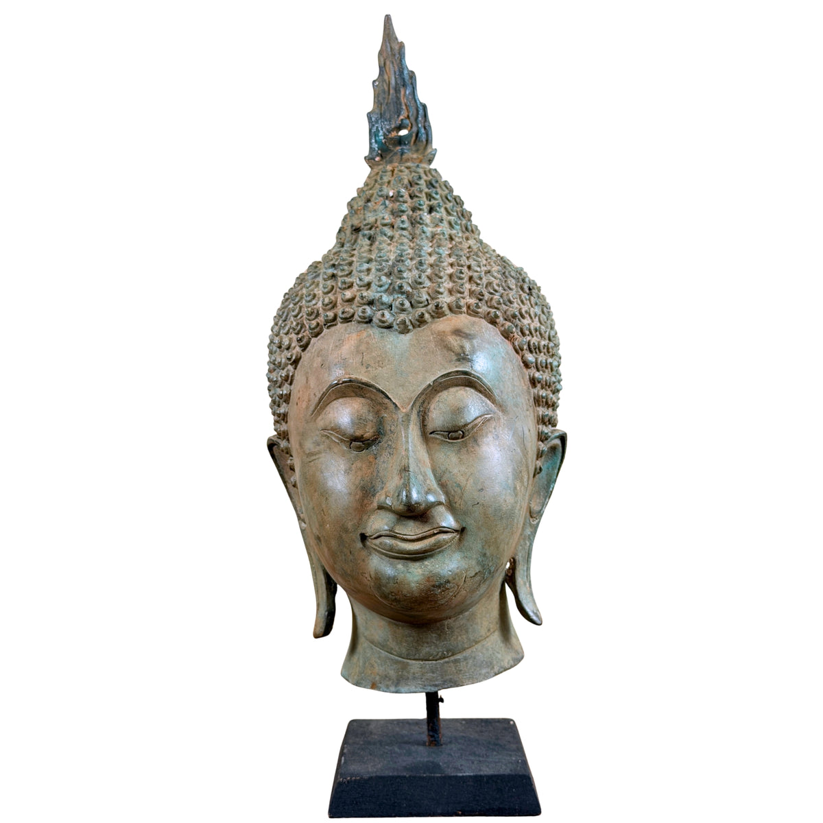 Thaise bronzen Boeddhakop in Sukhothai-stijl, vooraanzicht