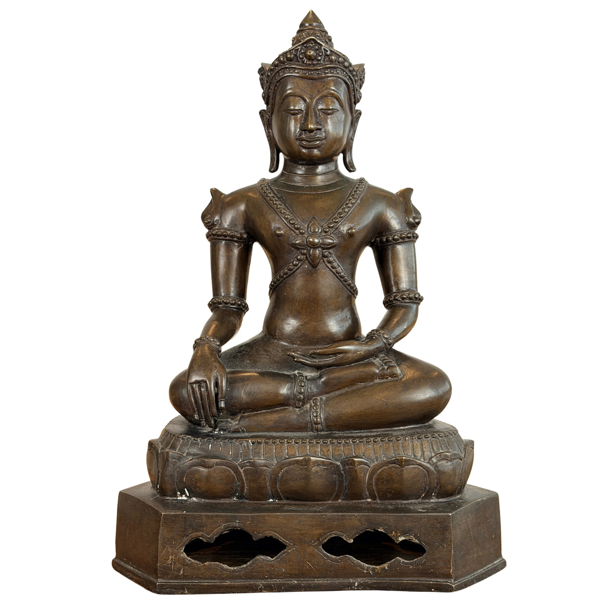 Thaise bronzen gekroonde Boeddha in vorstelijk ornaat, Ayutthaya-stijl, zittend in bhumisparsha, vooraanzicht