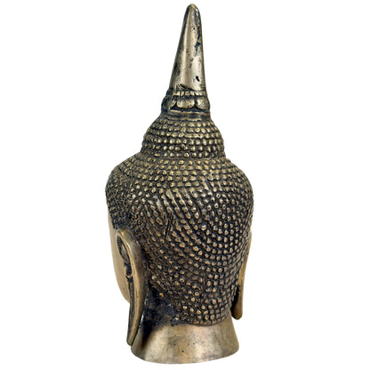 Achterzijde links van Thais bronzen Boeddhahoofd met donkere patina tussen de haarcurls