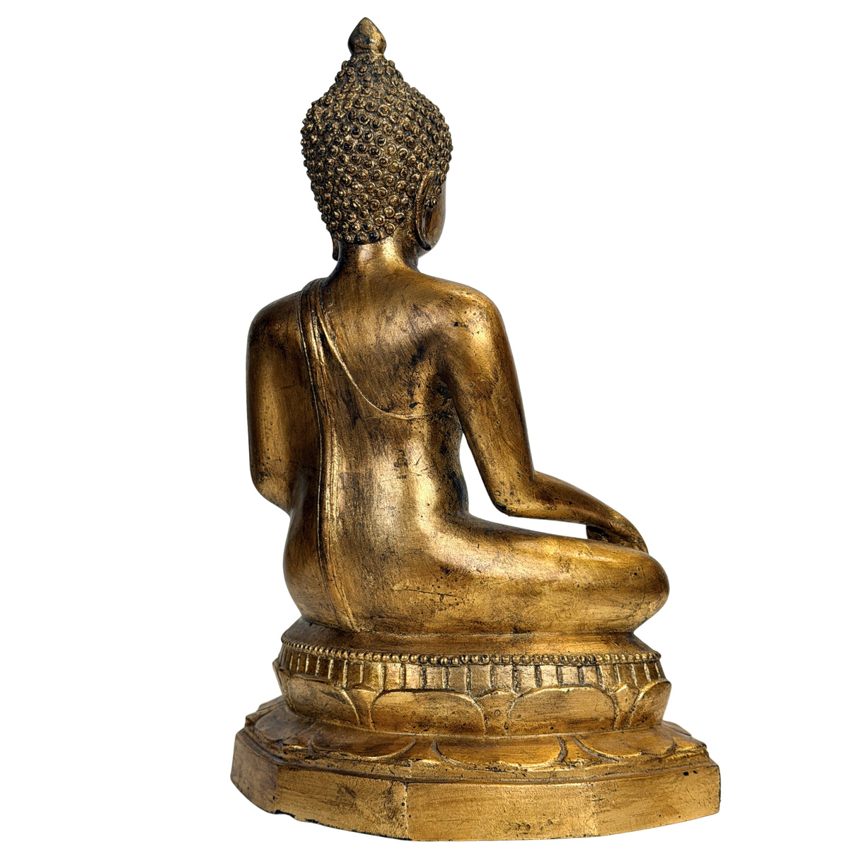 Driekwart achteraanzicht van Thaise Rattanakosin Boeddha met oude goud- en lakoppervlakte