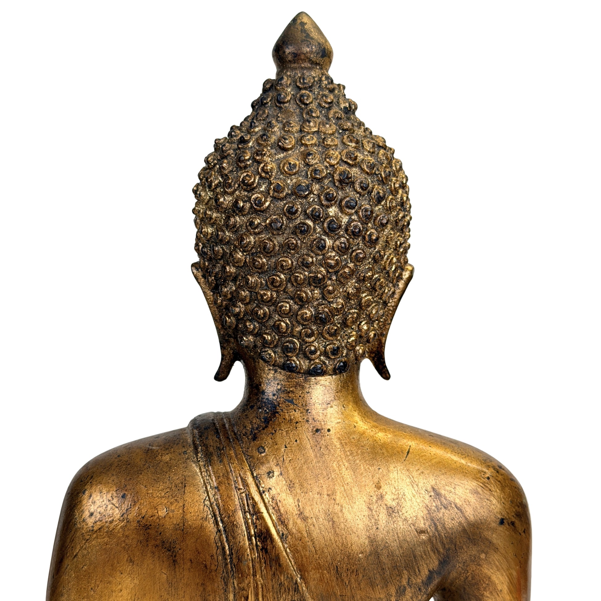 Achterhoofd van Thaise Boeddha met handgevormde spiraalkrullen en vlamvormige ushnisha