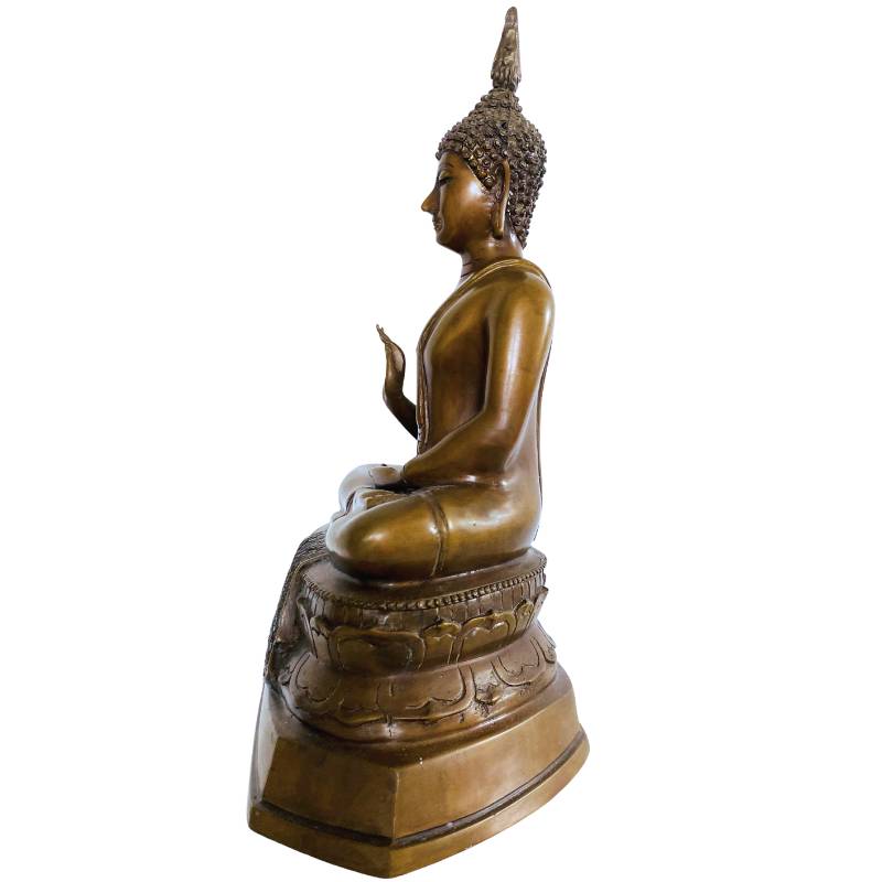 Thaise bronzen Boeddha met kenmerkende ushnisha en patina