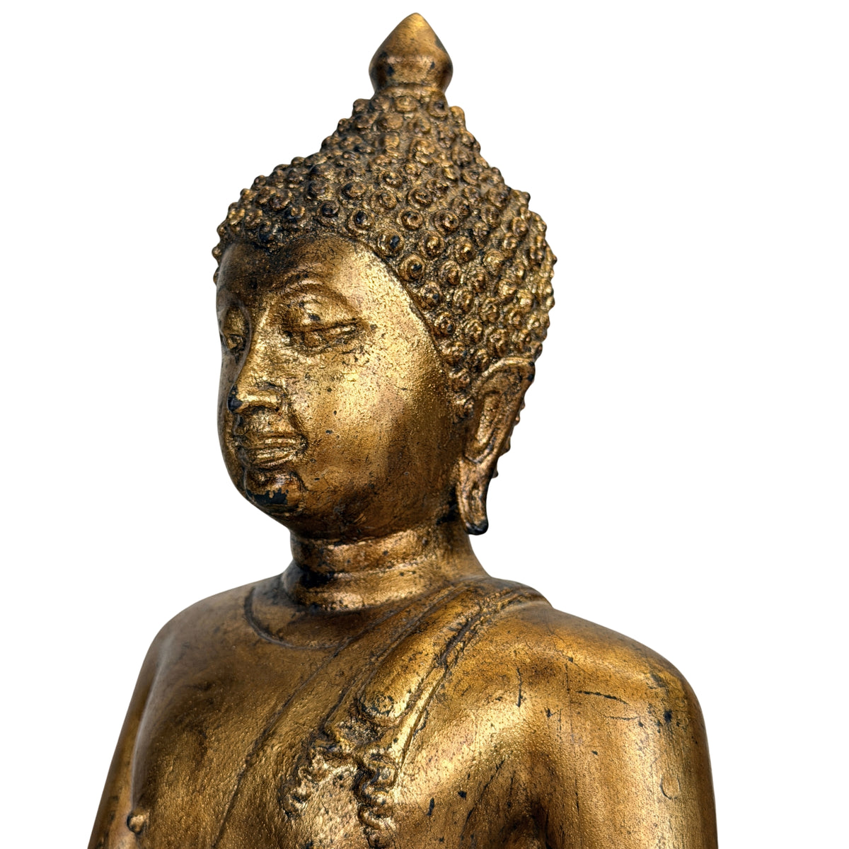 Driekwartdetail van het serene gezicht en de schouder van een 19e-eeuwse Thaise Boeddha