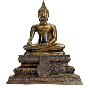 Thaise bronzen Luang Phor Boeddha op versierde voet – 44,5 cm