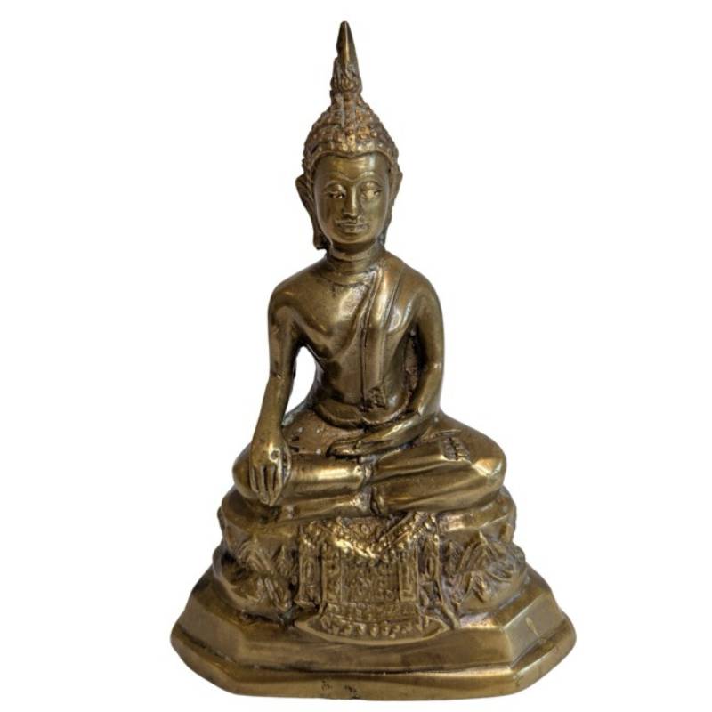 Antiek Thais Boeddhabeeld in Bhumisparsha mudra van vuurverguld brons