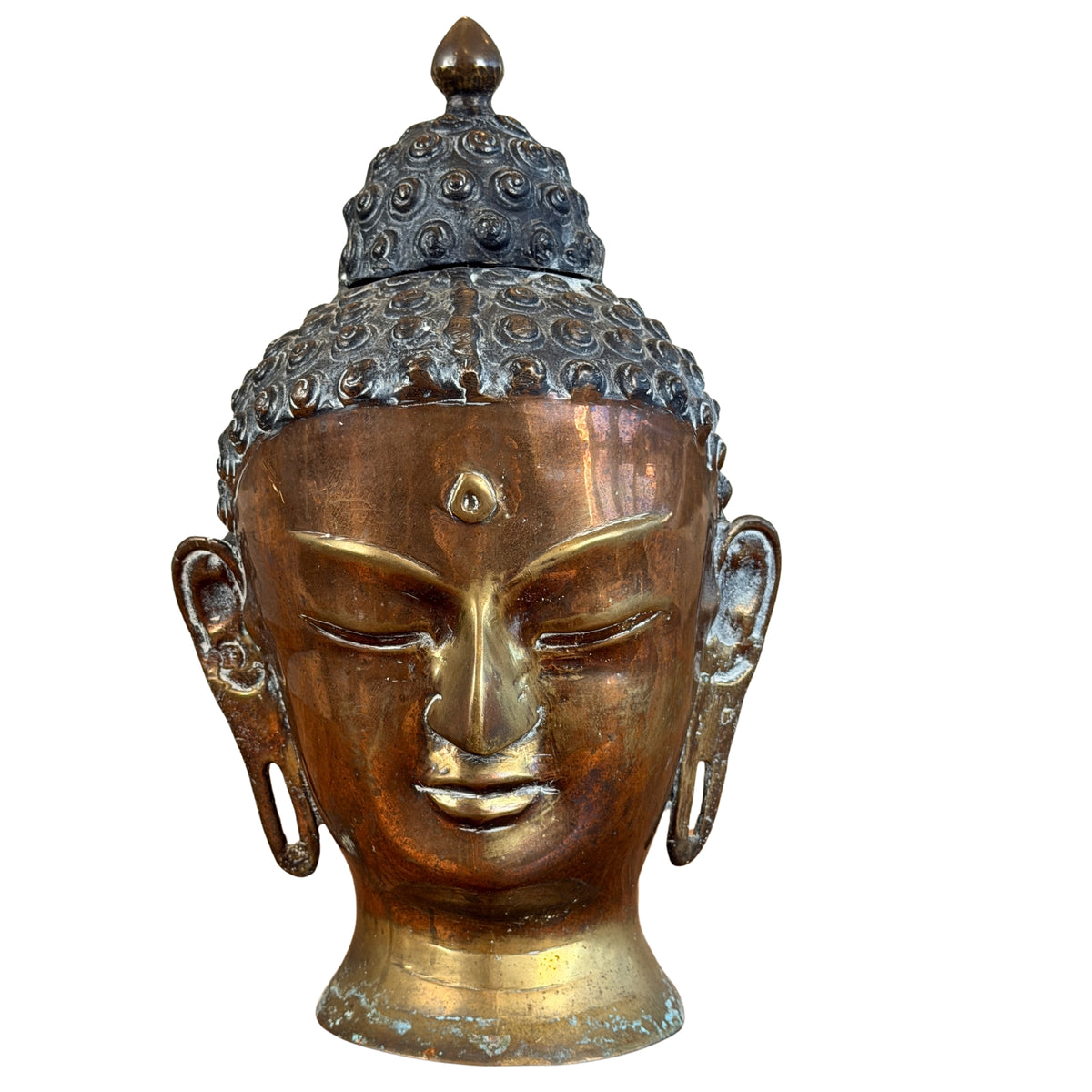 Thaise bronzen Boeddhakop met losse ushnisha-kap, vooraanzicht