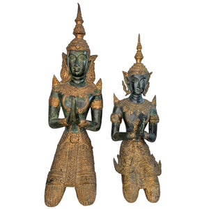 Thaise Bronzen Tempelwachters Set – Knielende Thepanom Beelden met Vergulding en Patina