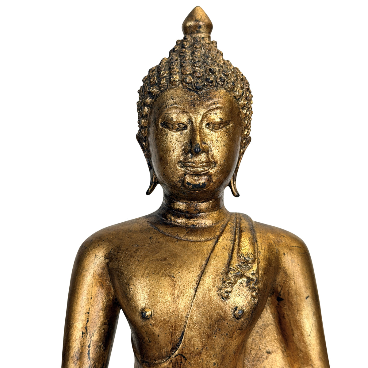 Gezicht van Thaise Rattanakosin Boeddha met spiraalkrullen en vlamvormige ushnisha