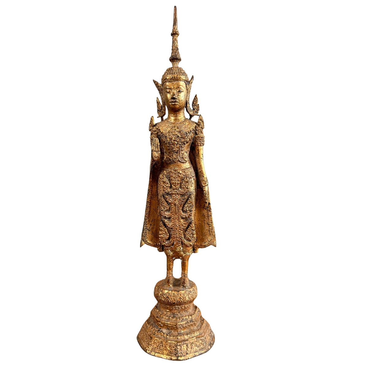 Thaise verguld bronzen staande Boeddha, Rattanakosin, ca. 1880–1930, vooraanzicht