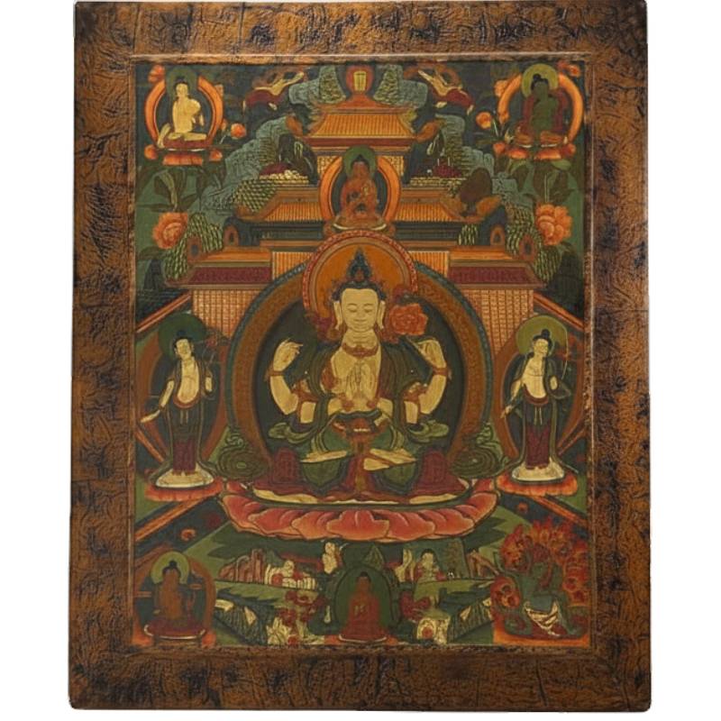 Antieke thangka met Avalokiteshvara op houten paneel Tibetaanse schildering