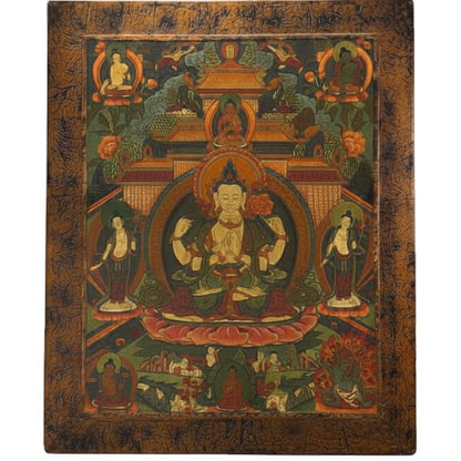 Antieke thangka met Avalokiteshvara op houten paneel Tibetaanse schildering